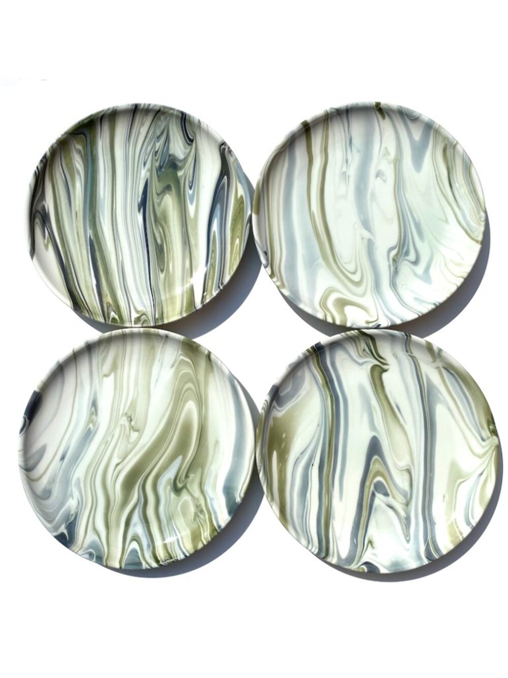 “Simone” marbleized 8” plates, set of FOUR, from Crate & Barrel.